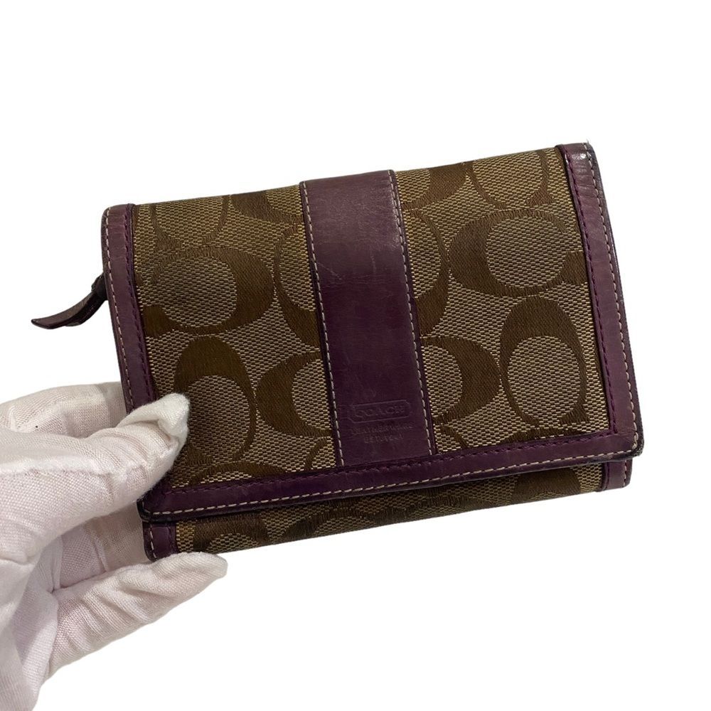 COACH monogram leather / fabric mini wallet with zippered pocket - purple Brown